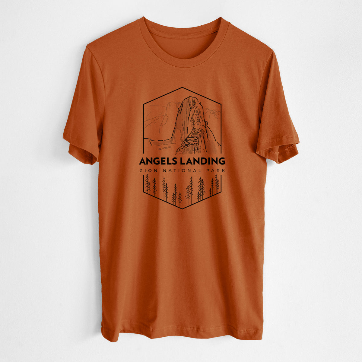 Autumn lightweight cotton t-shirt laid flat, printed with a black line art badge of Angels Landing above pine trees, with the words Angels Landing, Zion National Park.