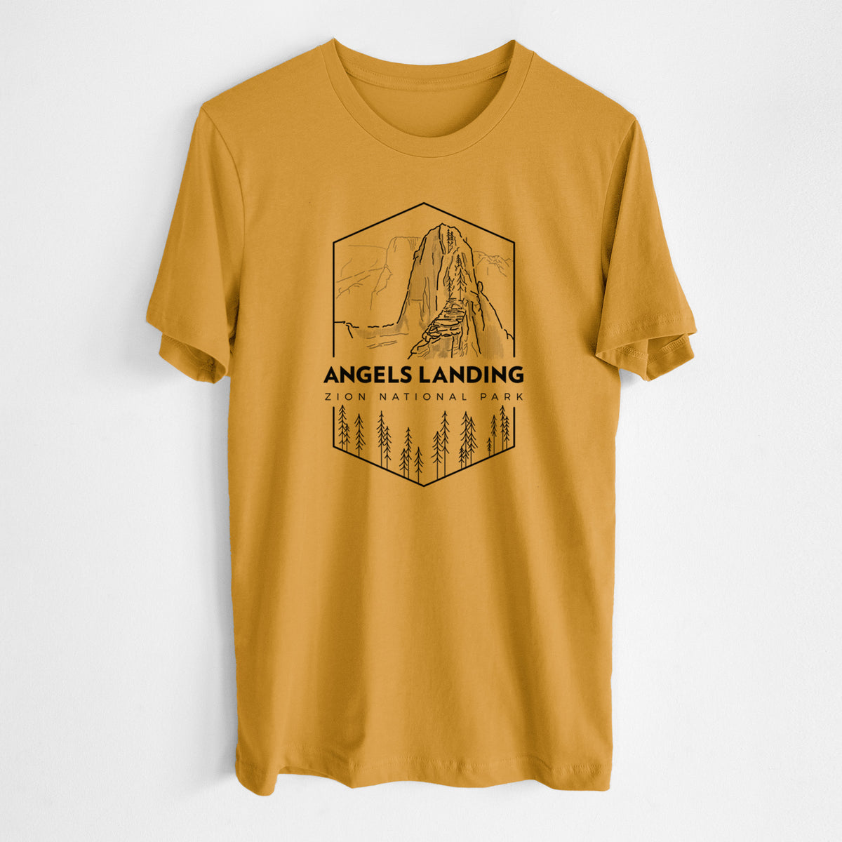 Honeycomb yellow lightweight cotton t-shirt laid flat, printed with a black line art badge of Angels Landing above pine trees, with the words Angels Landing, Zion National Park.
