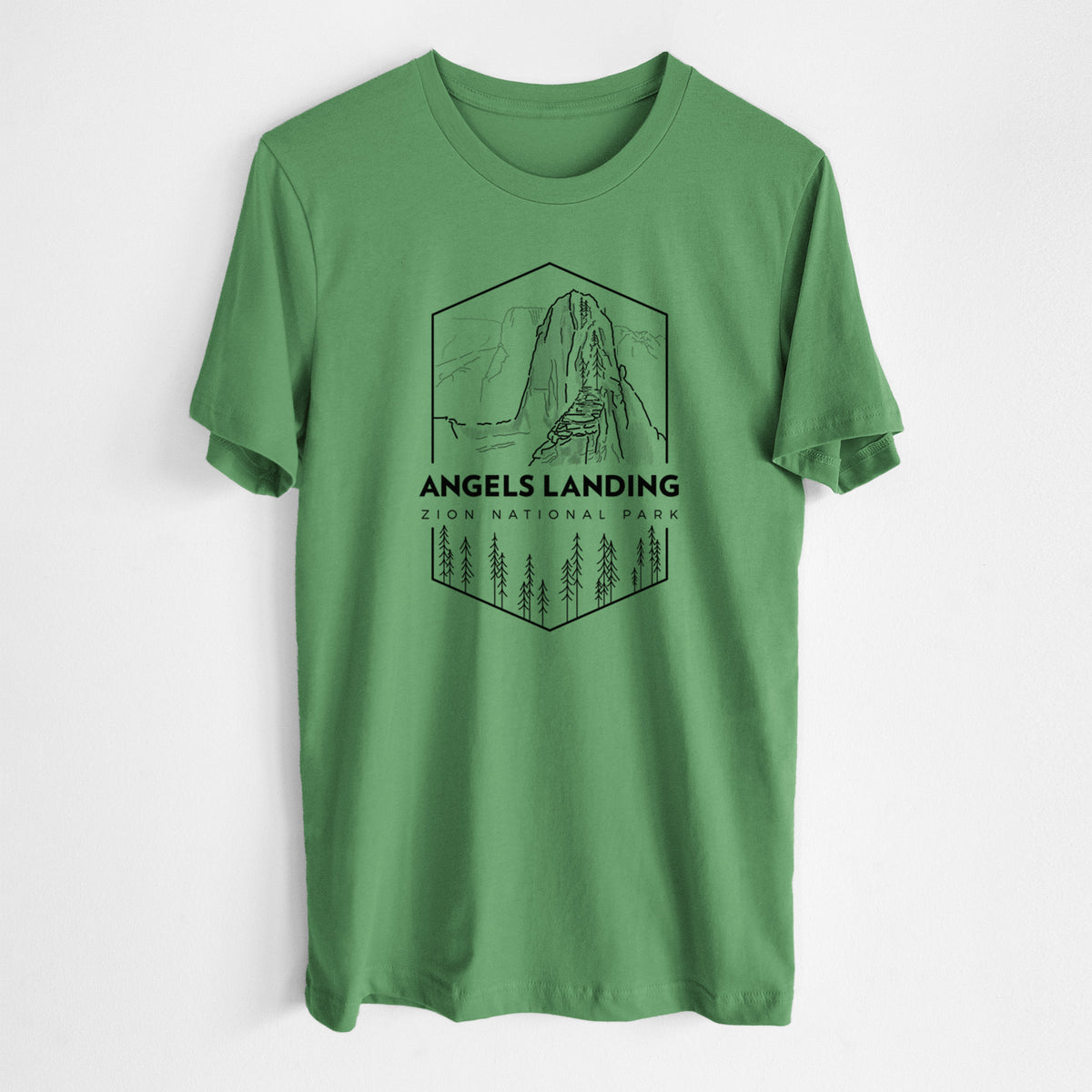 Leaf green lightweight cotton t-shirt laid flat, printed with a black line art badge of Angels Landing above pine trees, with the words Angels Landing, Zion National Park.
