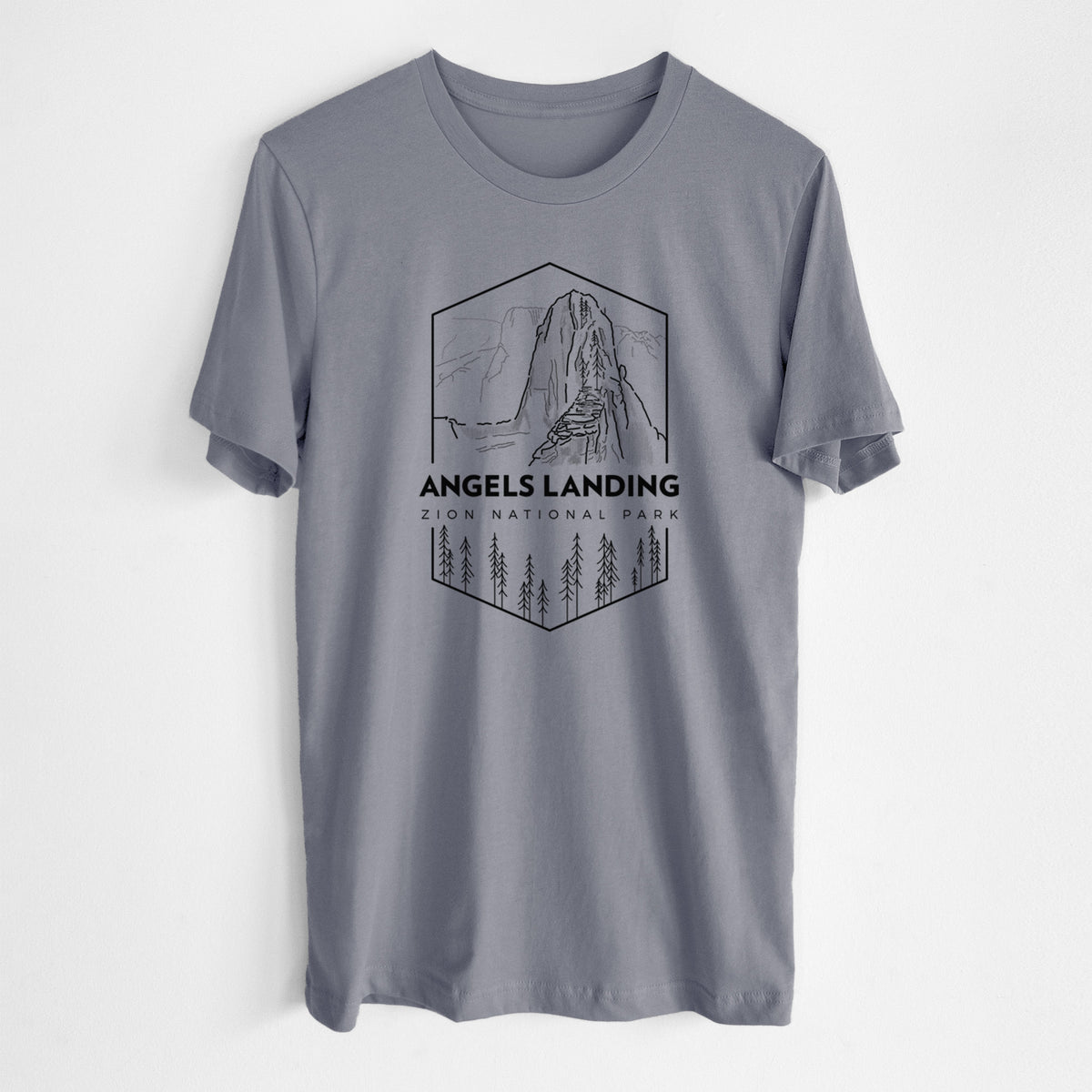 Storm grey lightweight cotton t-shirt laid flat, printed with a black line art badge of Angels Landing above pine trees, with the words Angels Landing, Zion National Park.