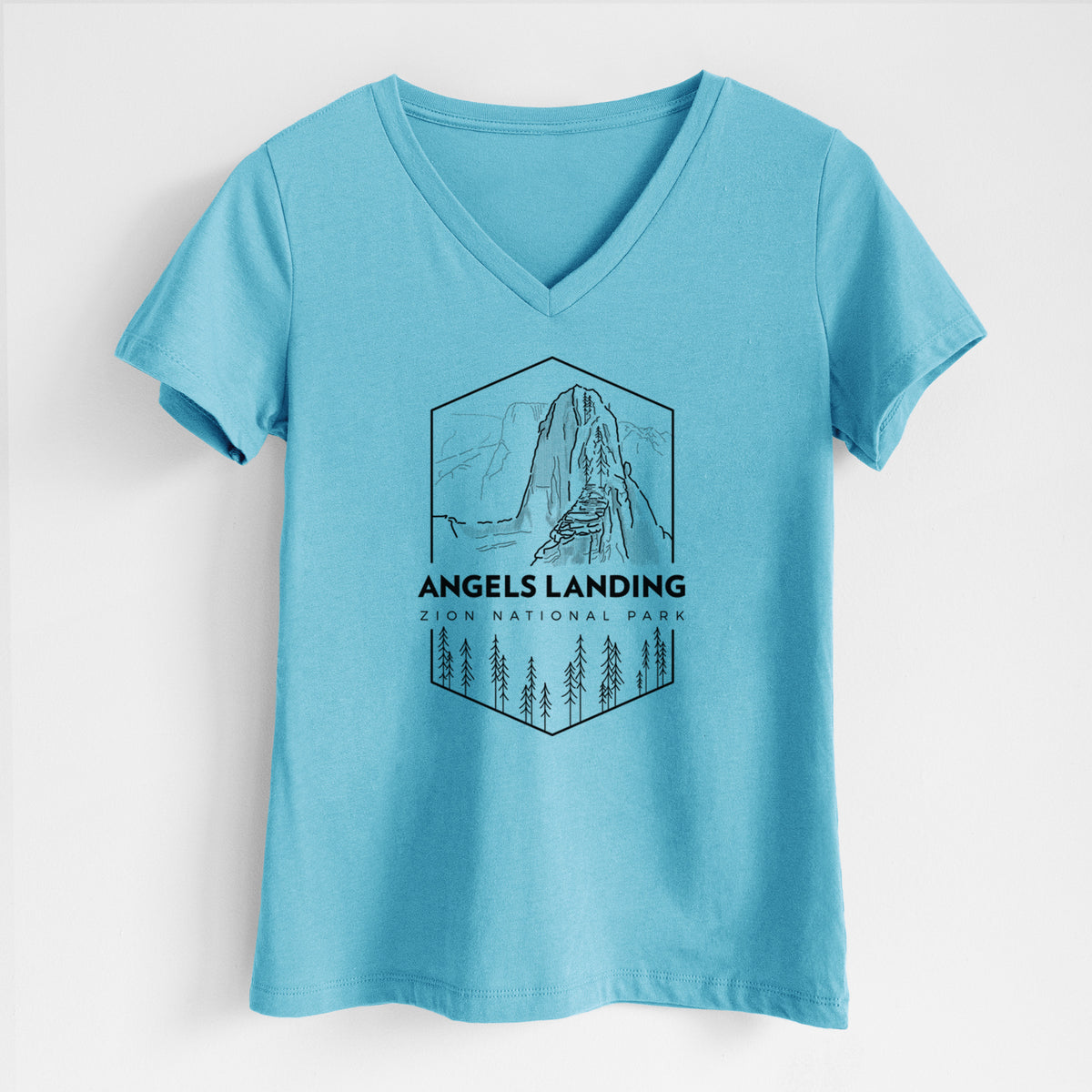 Turquoise women's relaxed fit cotton V-neck t-shirt laid flat, printed with a black line art badge of Angels Landing above pine trees, with the words Angels Landing, Zion National Park.