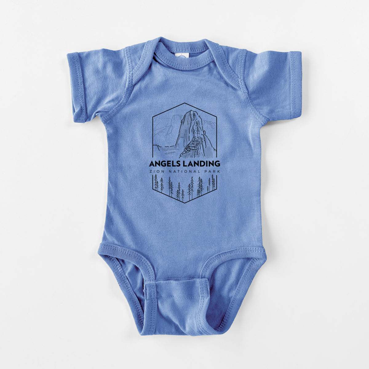 Carolina blue baby bodysuit laid flat, printed with a black line art badge of Angels Landing above pine trees, with the words Angels Landing, Zion National Park.