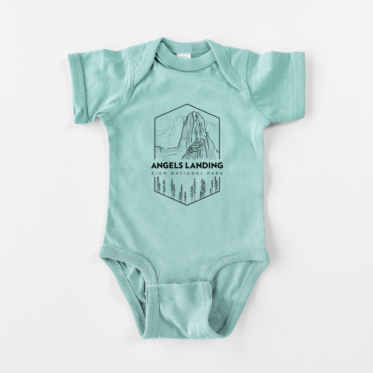Saltwater baby bodysuit laid flat, printed with a black line art badge of Angels Landing above pine trees, with the words Angels Landing, Zion National Park.