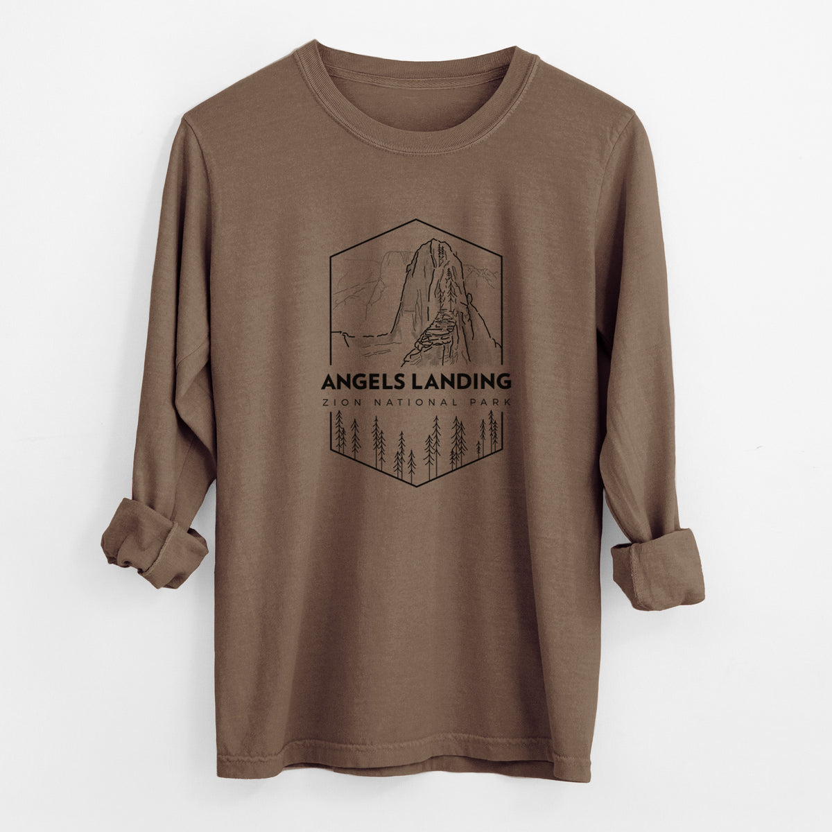 Espresso brown Comfort Colors long sleeve shirt laid flat with the cuffs rolled, printed with a black line art badge of Angels Landing above pine trees, with the words Angels Landing, Zion National Park.
