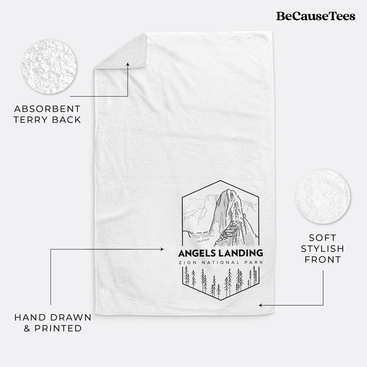 White hand towel printed with a black line art badge of Angels Landing above pine trees, with the words Angels Landing, Zion National Park.