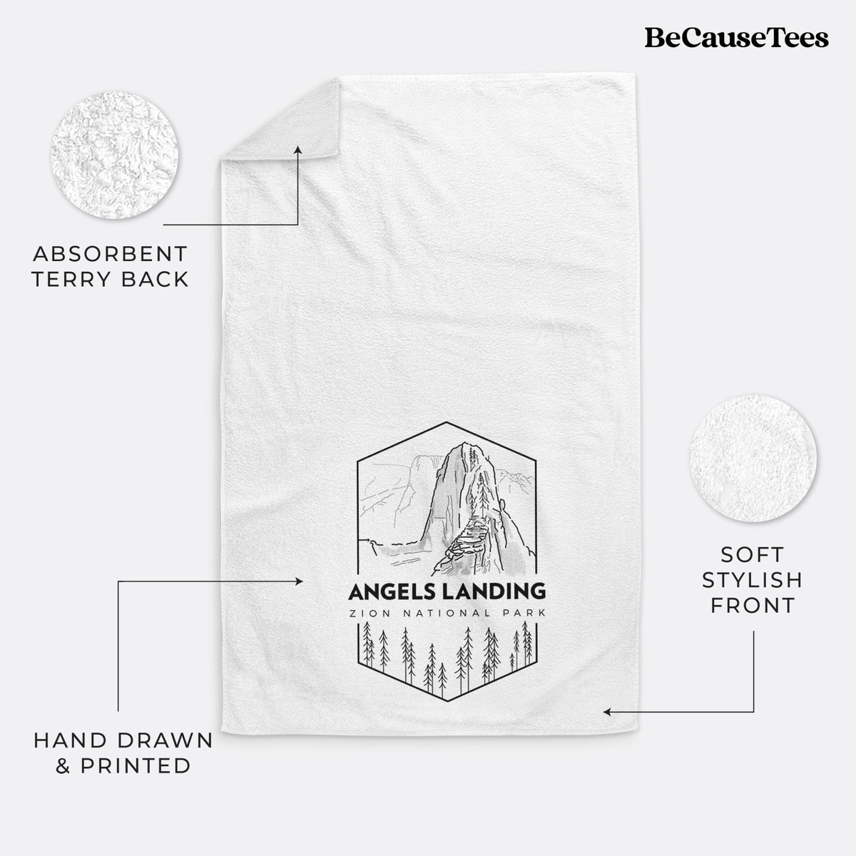 White hand towel printed with a black line art badge of Angels Landing above pine trees, with the words Angels Landing, Zion National Park.