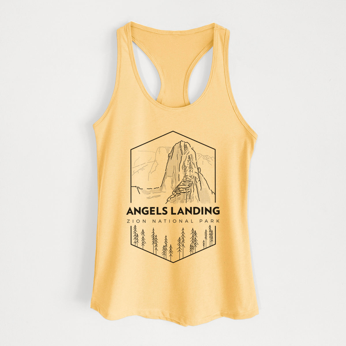 Banana cream women's racerback tank top laid flat, printed with a black line art badge of Angels Landing above pine trees, with the words Angels Landing, Zion National Park.