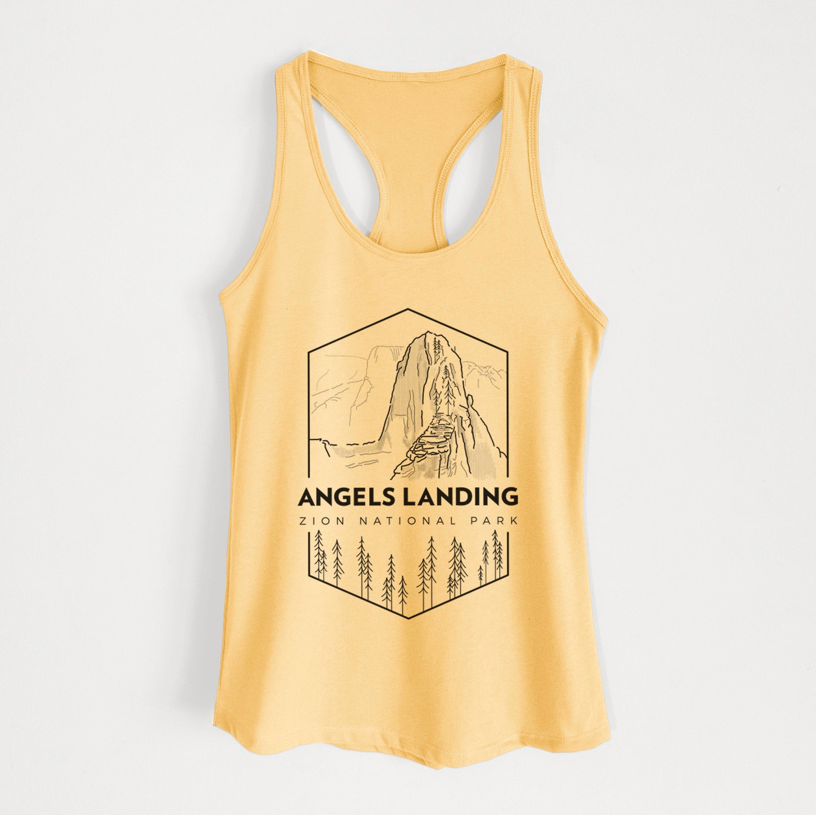 Banana cream women's racerback tank top laid flat, printed with a black line art badge of Angels Landing above pine trees, with the words Angels Landing, Zion National Park.