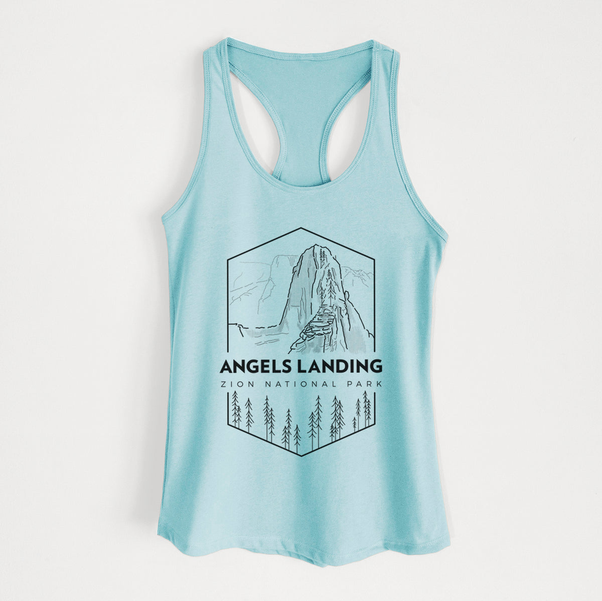 Cancun blue women's racerback tank top laid flat, printed with a black line art badge of Angels Landing above pine trees, with the words Angels Landing, Zion National Park.