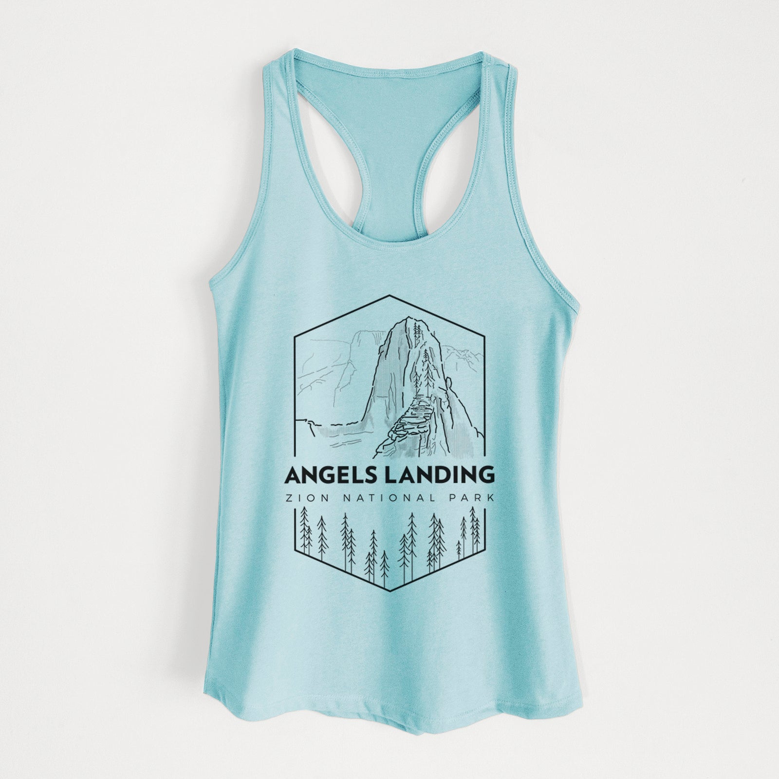 Banana cream women's racerback tank top laid flat, printed with a black line art badge of Angels Landing above pine trees, with the words Angels Landing, Zion National Park.