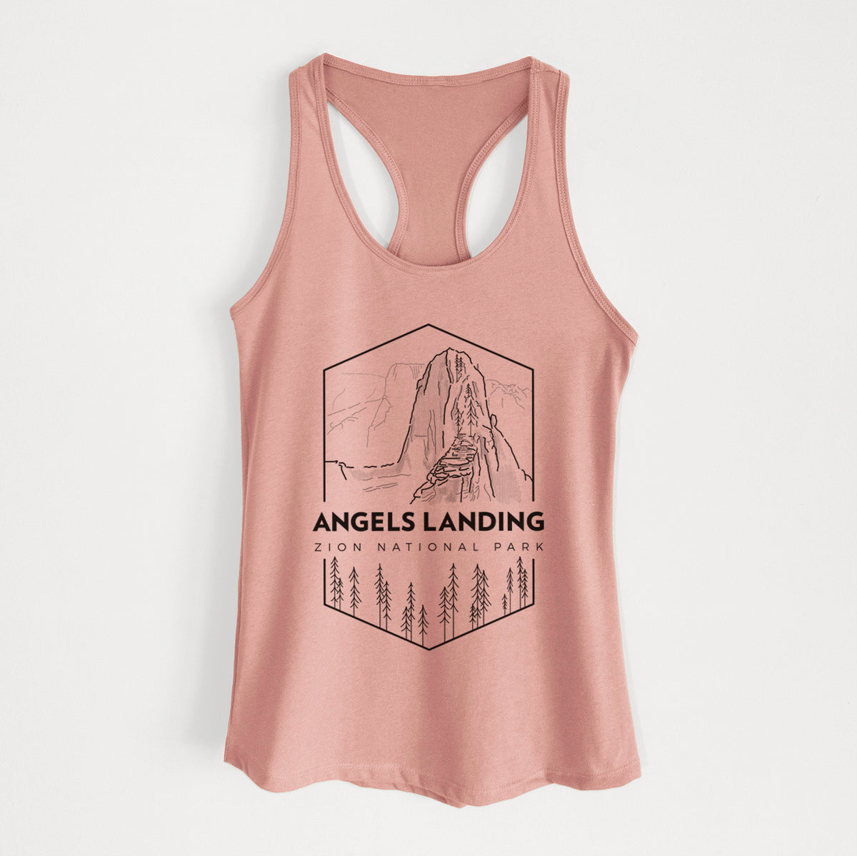 Desert pink women's racerback tank top laid flat, printed with a black line art badge of Angels Landing above pine trees, with the words Angels Landing, Zion National Park.