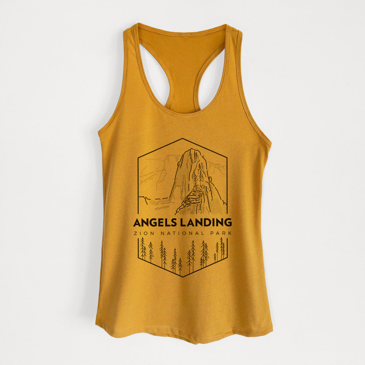 Gold women's racerback tank top laid flat, printed with a black line art badge of Angels Landing above pine trees, with the words Angels Landing, Zion National Park.