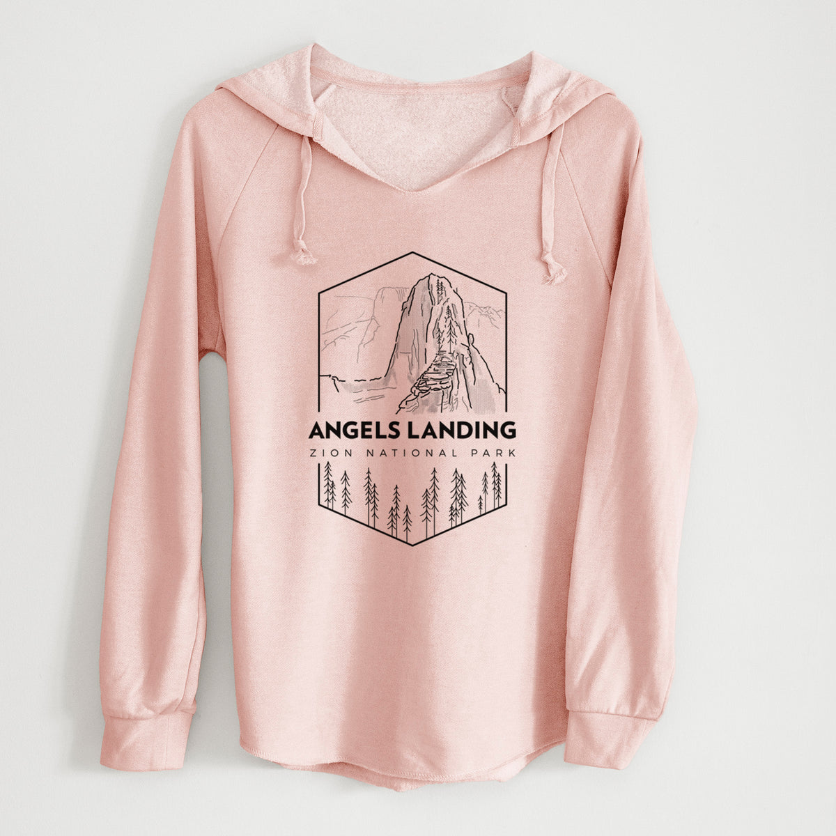 Blush pink women's Cali Wave hooded sweatshirt laid flat, printed with a black line art badge of Angels Landing above pine trees, with the words Angels Landing, Zion National Park.