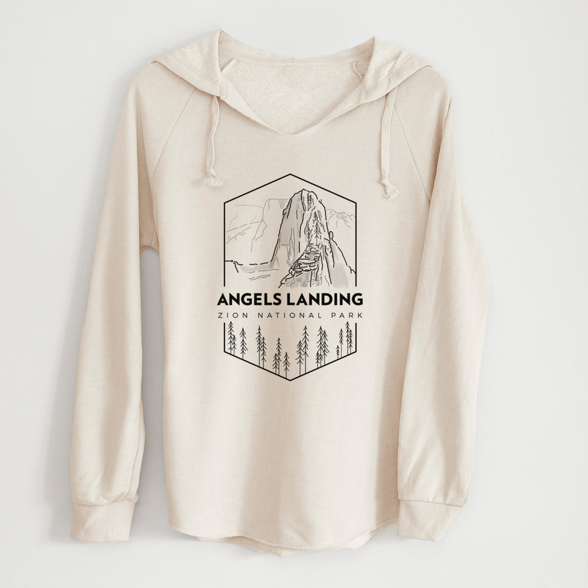 Bone cream women's Cali Wave hooded sweatshirt laid flat, printed with a black line art badge of Angels Landing above pine trees, with the words Angels Landing, Zion National Park.
