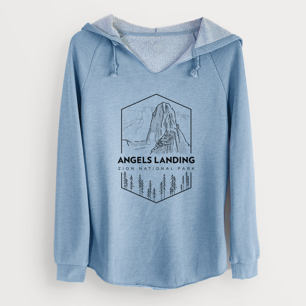 Misty blue women's Cali Wave hooded sweatshirt laid flat, printed with a black line art badge of Angels Landing above pine trees, with the words Angels Landing, Zion National Park.