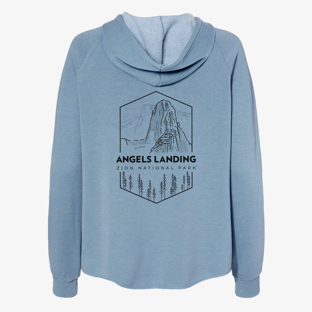 Misty blue women's Cali Wave zip-up sweatshirt laid flat, printed with a black line art badge of Angels Landing above pine trees, with the words Angels Landing, Zion National Park.