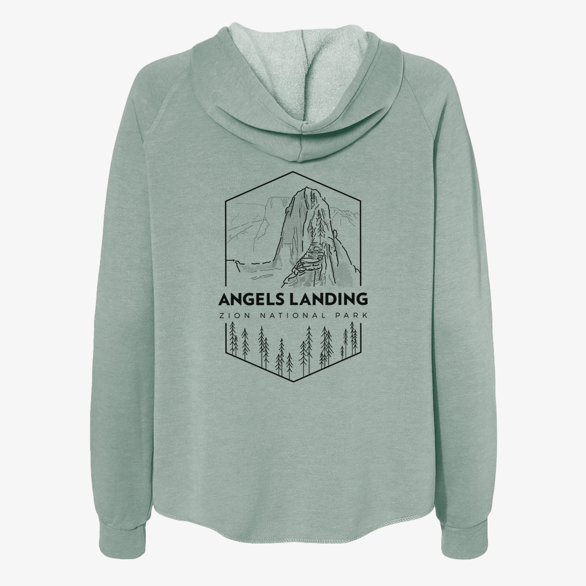 Sage green women's Cali Wave zip-up sweatshirt laid flat, printed with a black line art badge of Angels Landing above pine trees, with the words Angels Landing, Zion National Park.