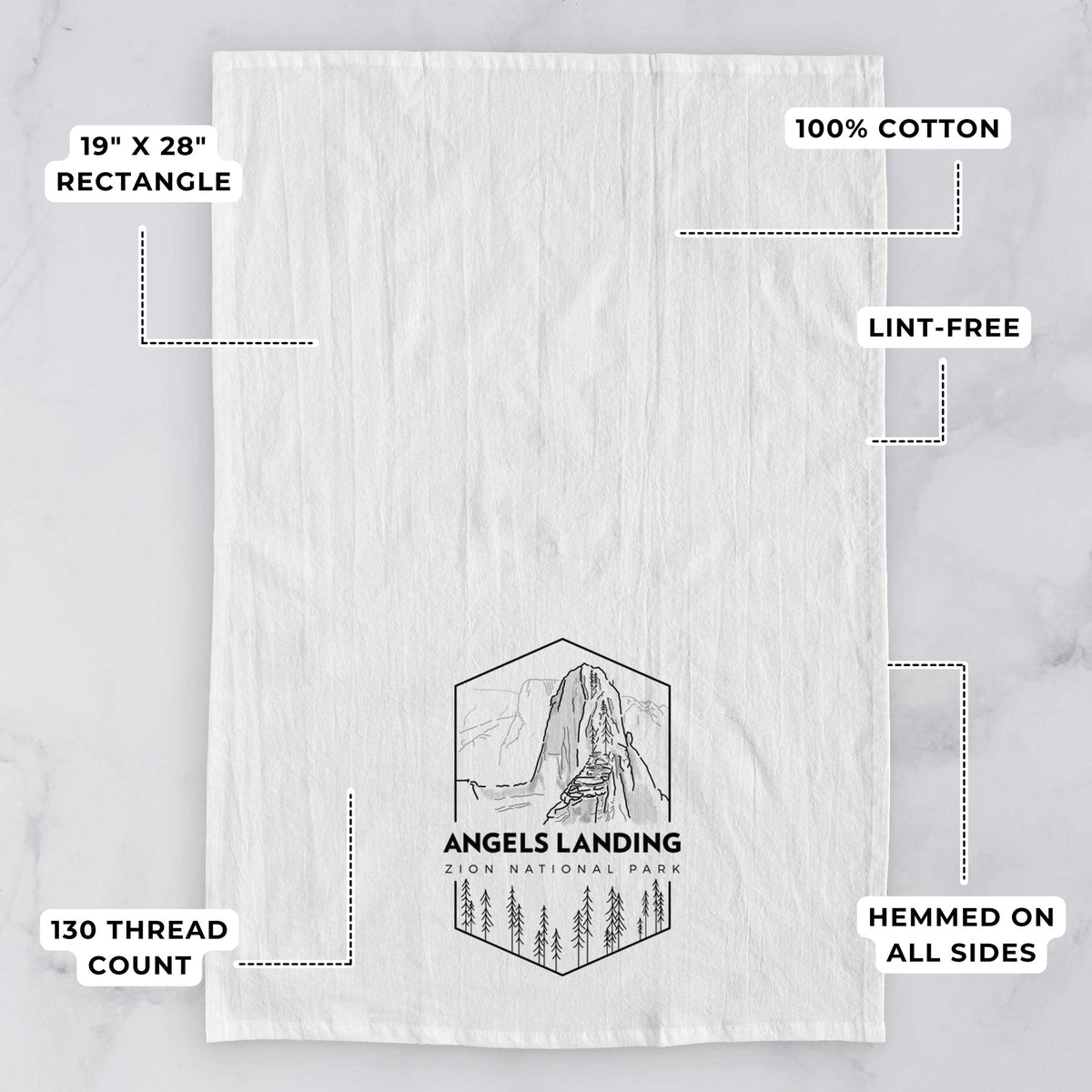 White tea towel printed with a black line art badge of Angels Landing above pine trees, with the words Angels Landing, Zion National Park, with feature labels: 19 by 28 inch rectangle, 100% cotton, lint-free, 130 thread count, hemmed on all sides.
