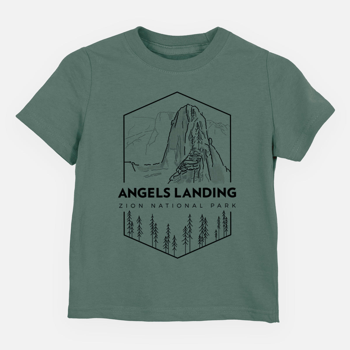 Basil green toddler t-shirt laid flat, printed with a black line art badge of Angels Landing above pine trees, with the words Angels Landing, Zion National Park.