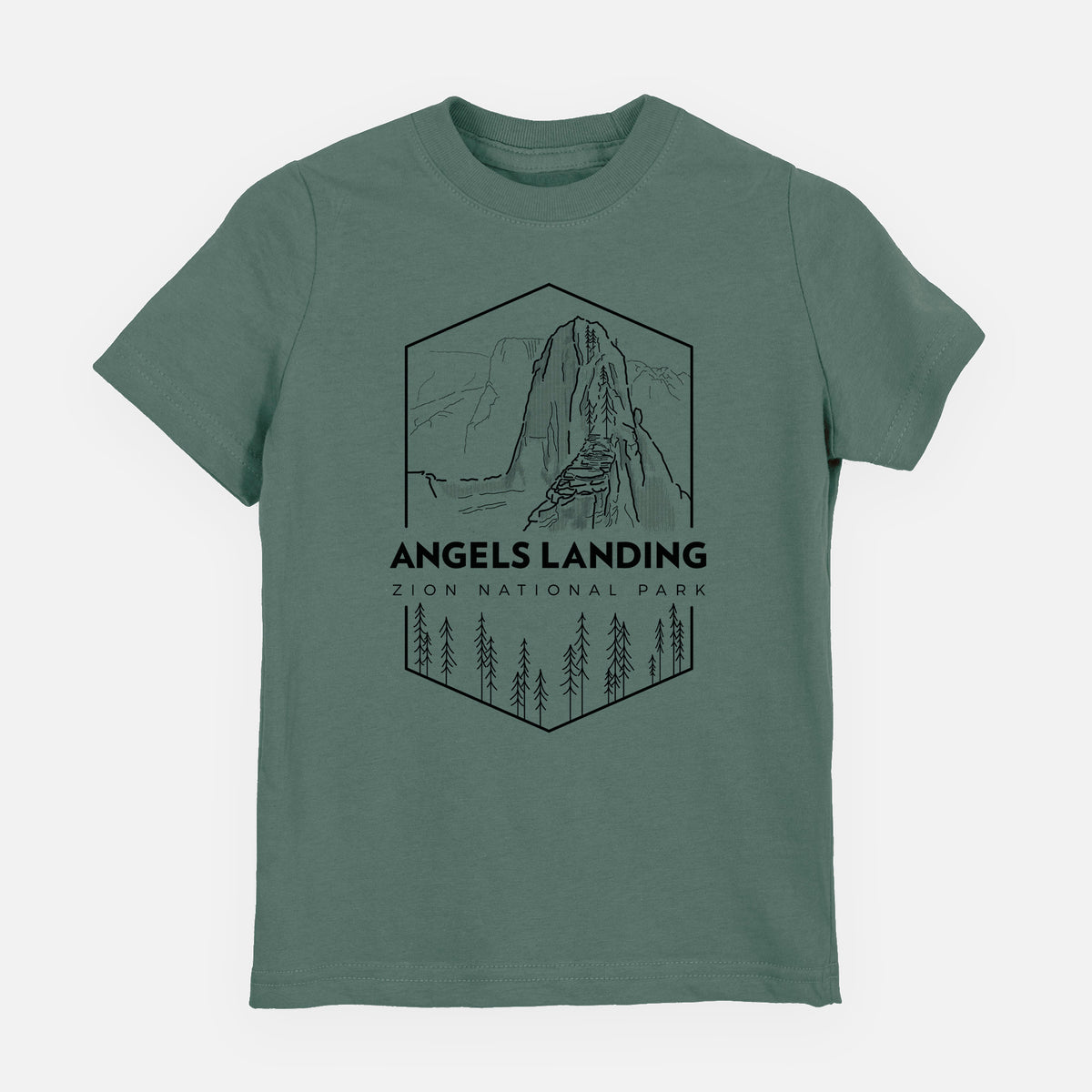 Basil green youth t-shirt laid flat, printed with a black line art badge of Angels Landing above pine trees, with the words Angels Landing, Zion National Park.