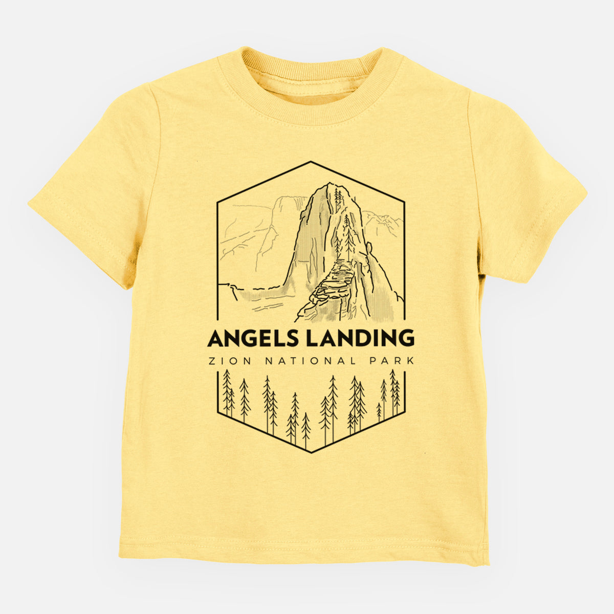 Butter yellow toddler t-shirt laid flat, printed with a black line art badge of Angels Landing above pine trees, with the words Angels Landing, Zion National Park.