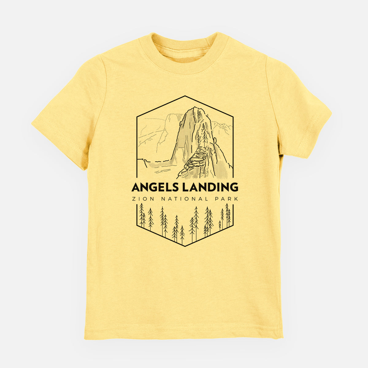 Butter yellow youth t-shirt laid flat, printed with a black line art badge of Angels Landing above pine trees, with the words Angels Landing, Zion National Park.