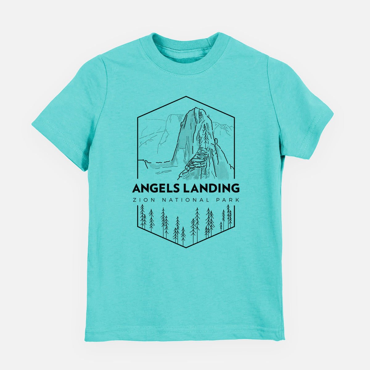 Caribbean blue youth t-shirt laid flat, printed with a black line art badge of Angels Landing above pine trees, with the words Angels Landing, Zion National Park.