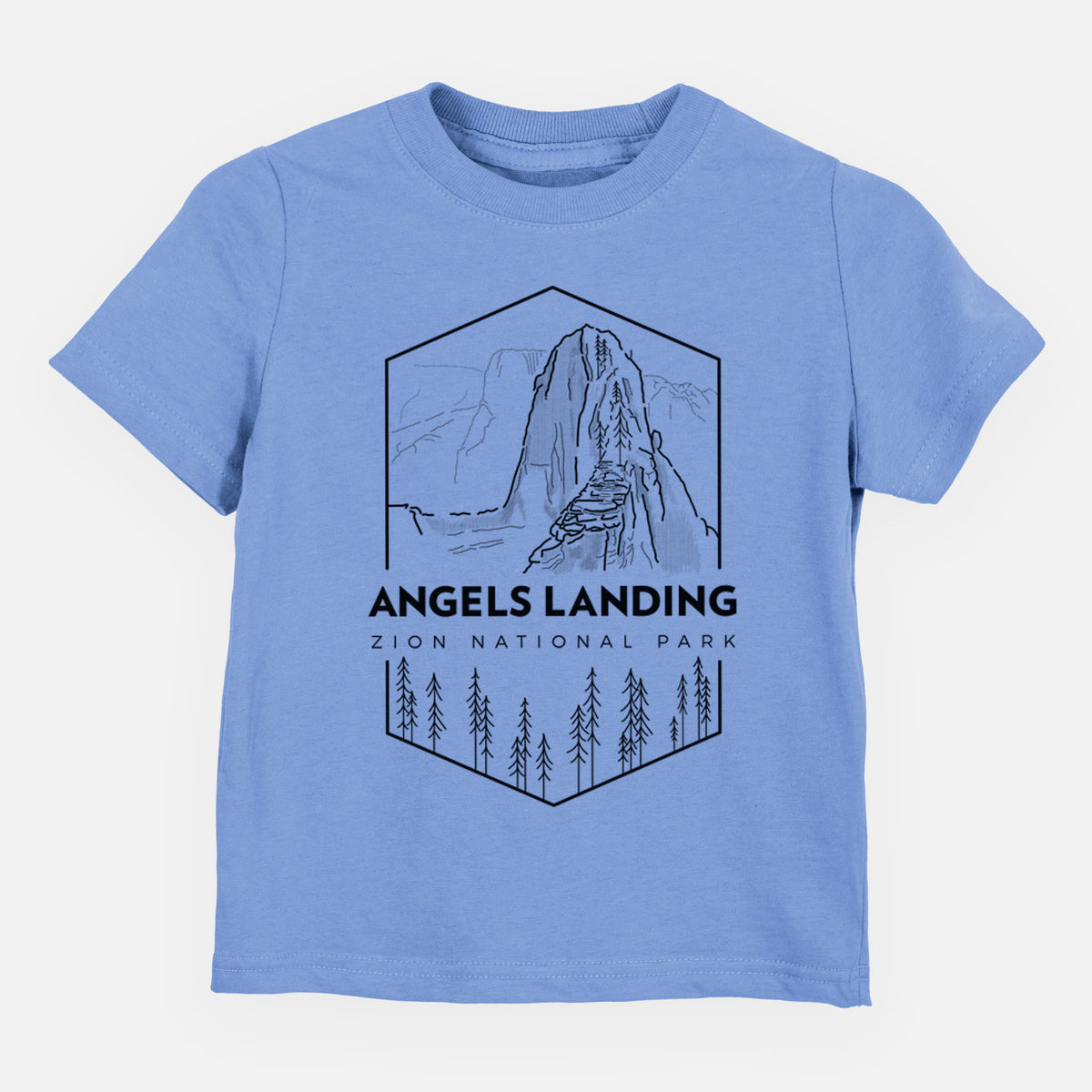 Carolina blue toddler t-shirt laid flat, printed with a black line art badge of Angels Landing above pine trees, with the words Angels Landing, Zion National Park.