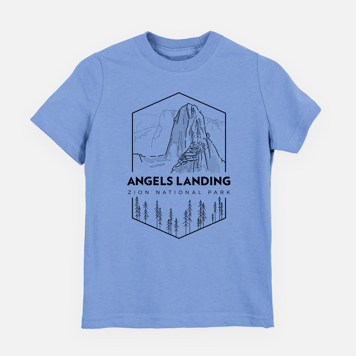 Carolina blue youth t-shirt laid flat, printed with a black line art badge of Angels Landing above pine trees, with the words Angels Landing, Zion National Park.