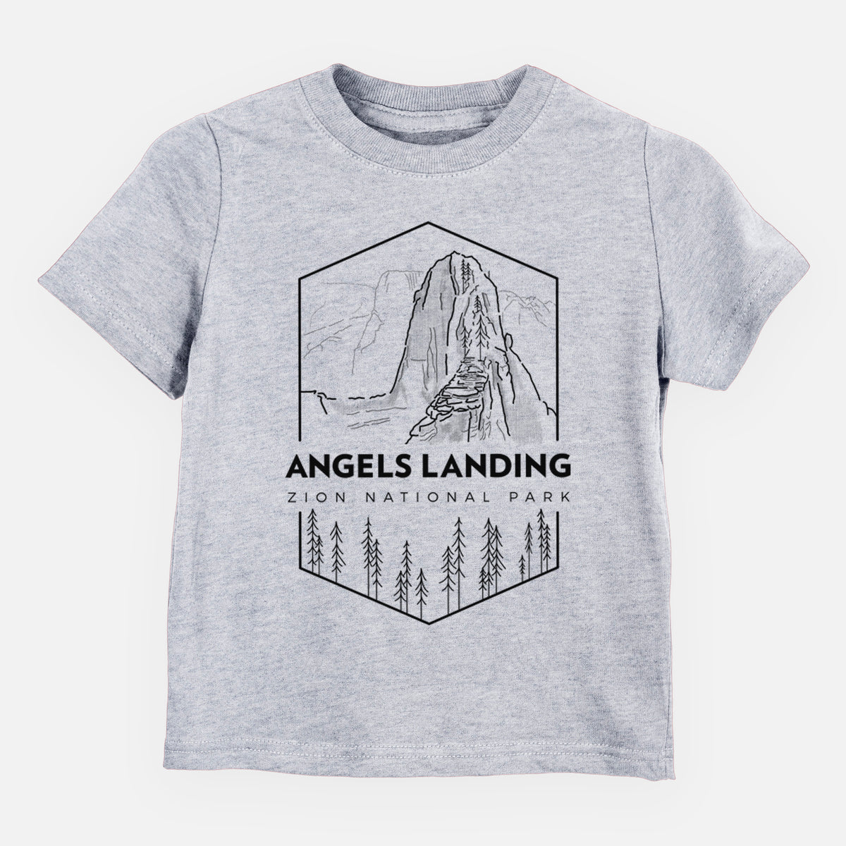 Heather grey toddler t-shirt laid flat, printed with a black line art badge of Angels Landing above pine trees, with the words Angels Landing, Zion National Park.