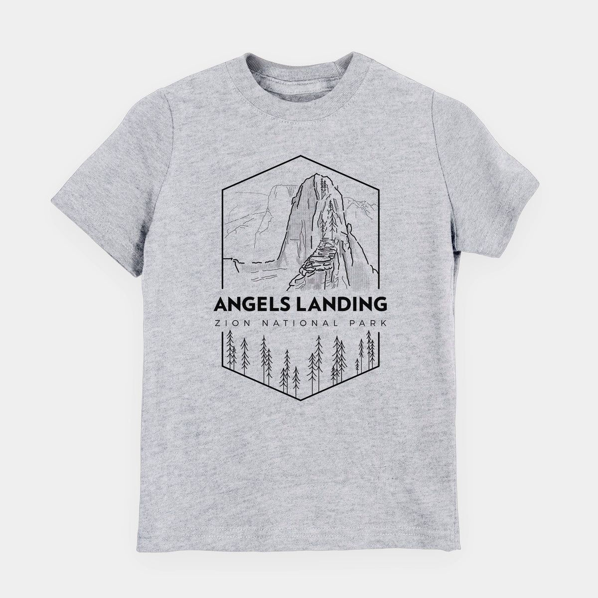 Heather grey youth t-shirt laid flat, printed with a black line art badge of Angels Landing above pine trees, with the words Angels Landing, Zion National Park.