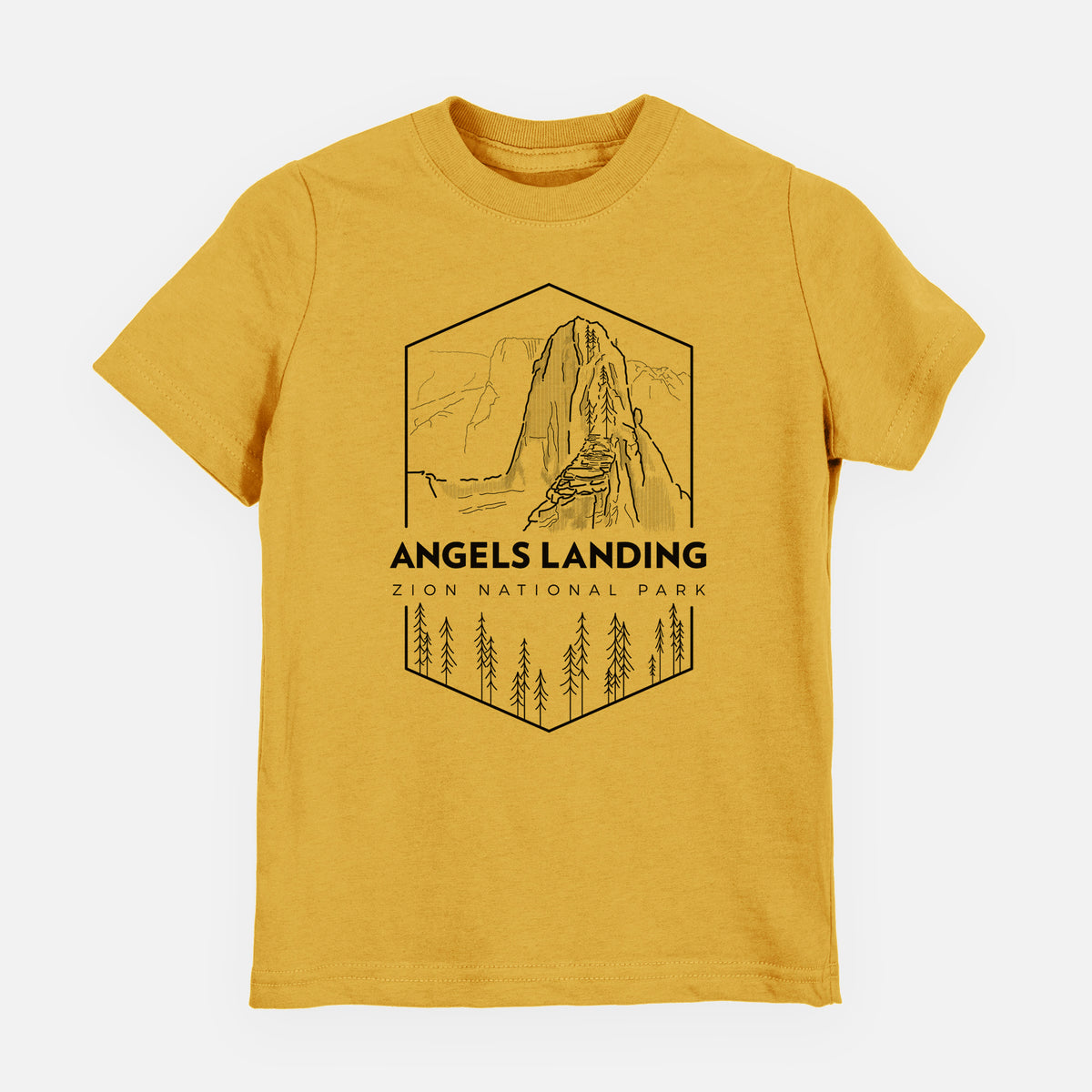 Honeycomb yellow youth t-shirt laid flat, printed with a black line art badge of Angels Landing above pine trees, with the words Angels Landing, Zion National Park.