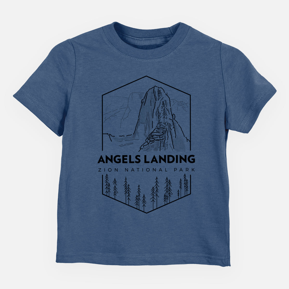 Indigo blue toddler t-shirt laid flat, printed with a black line art badge of Angels Landing above pine trees, with the words Angels Landing, Zion National Park.
