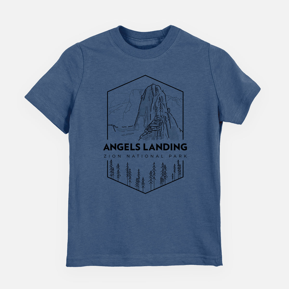 Indigo blue youth t-shirt laid flat, printed with a black line art badge of Angels Landing above pine trees, with the words Angels Landing, Zion National Park.