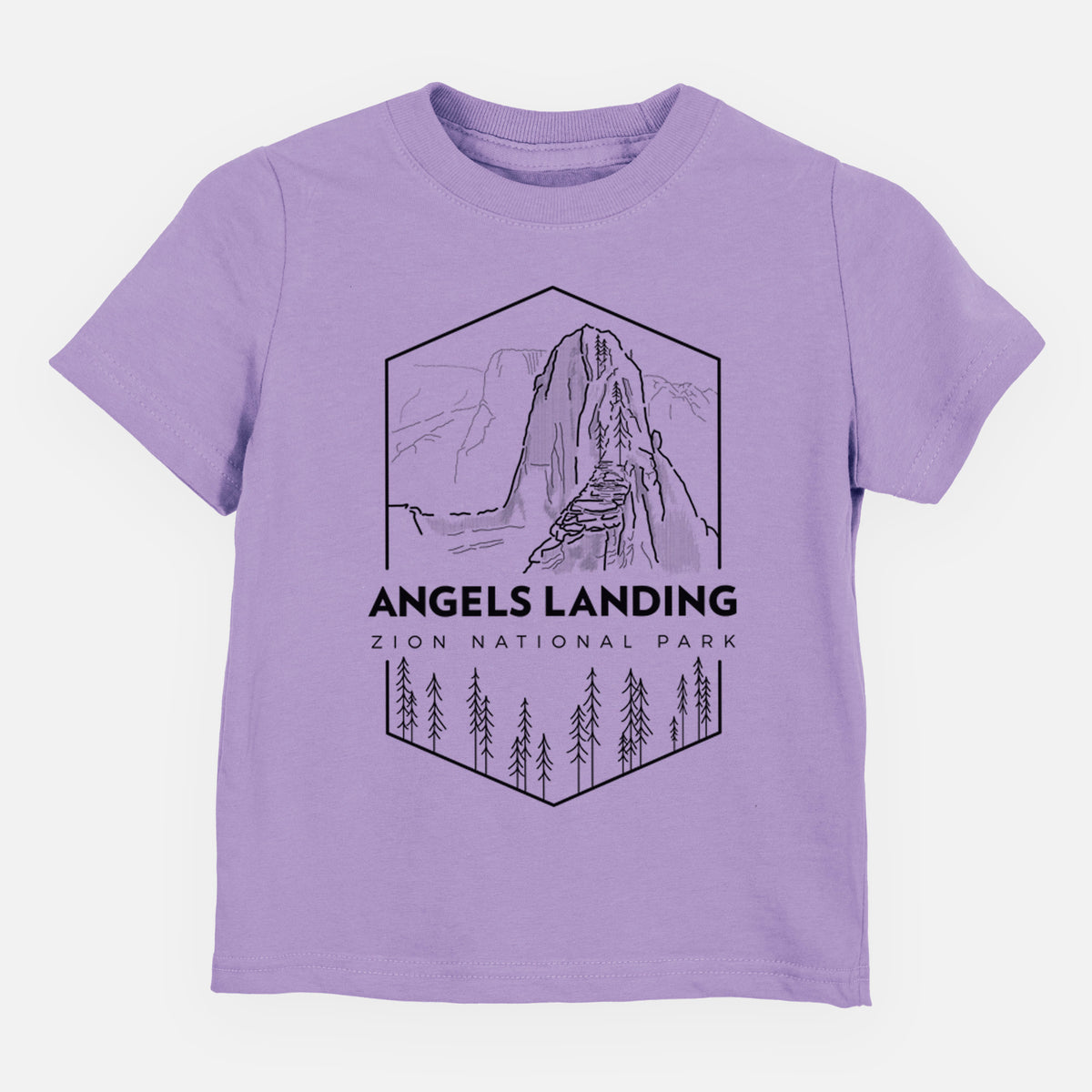 Lavender toddler t-shirt laid flat, printed with a black line art badge of Angels Landing above pine trees, with the words Angels Landing, Zion National Park.