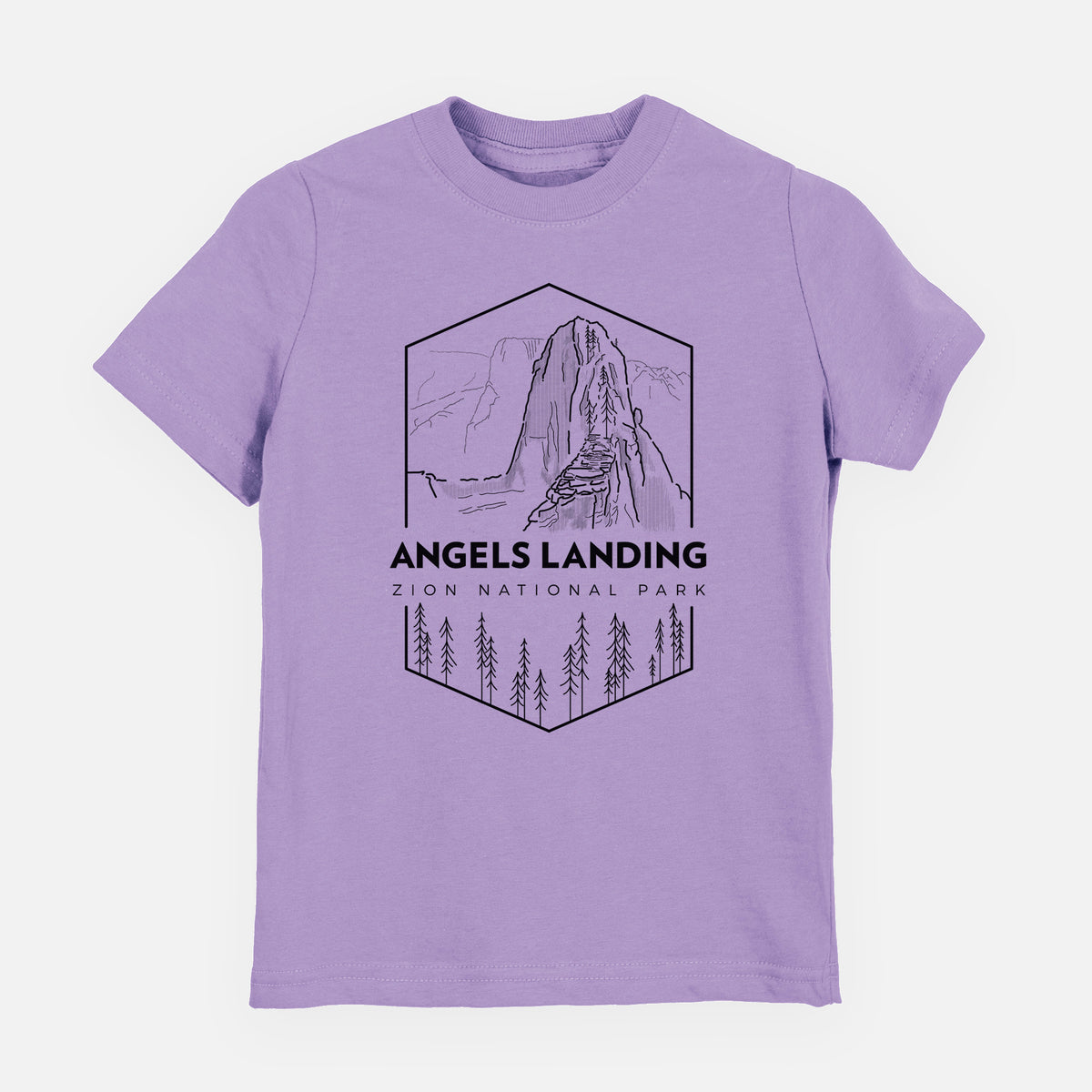 Lavender youth t-shirt laid flat, printed with a black line art badge of Angels Landing above pine trees, with the words Angels Landing, Zion National Park.
