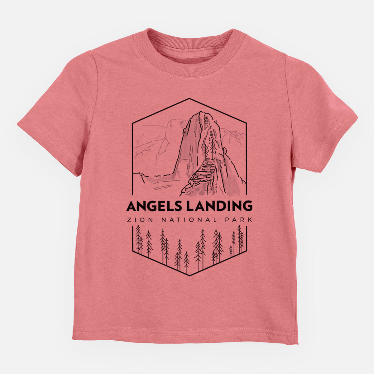 Mauve pink toddler t-shirt laid flat, printed with a black line art badge of Angels Landing above pine trees, with the words Angels Landing, Zion National Park.