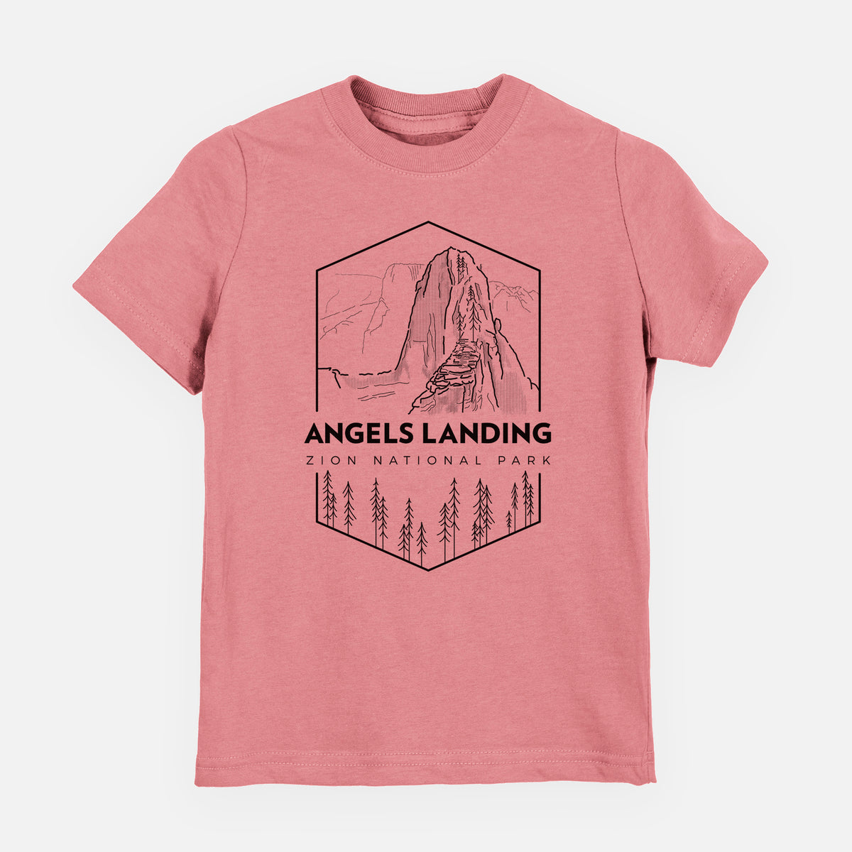 Mauve pink youth t-shirt laid flat, printed with a black line art badge of Angels Landing above pine trees, with the words Angels Landing, Zion National Park.