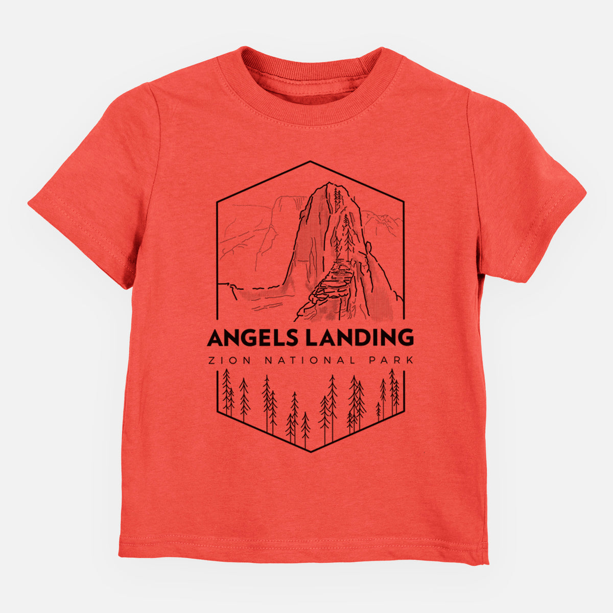 Passionfruit pink toddler t-shirt laid flat, printed with a black line art badge of Angels Landing above pine trees, with the words Angels Landing, Zion National Park.