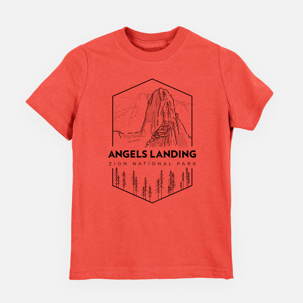 Passionfruit pink youth t-shirt laid flat, printed with a black line art badge of Angels Landing above pine trees, with the words Angels Landing, Zion National Park.