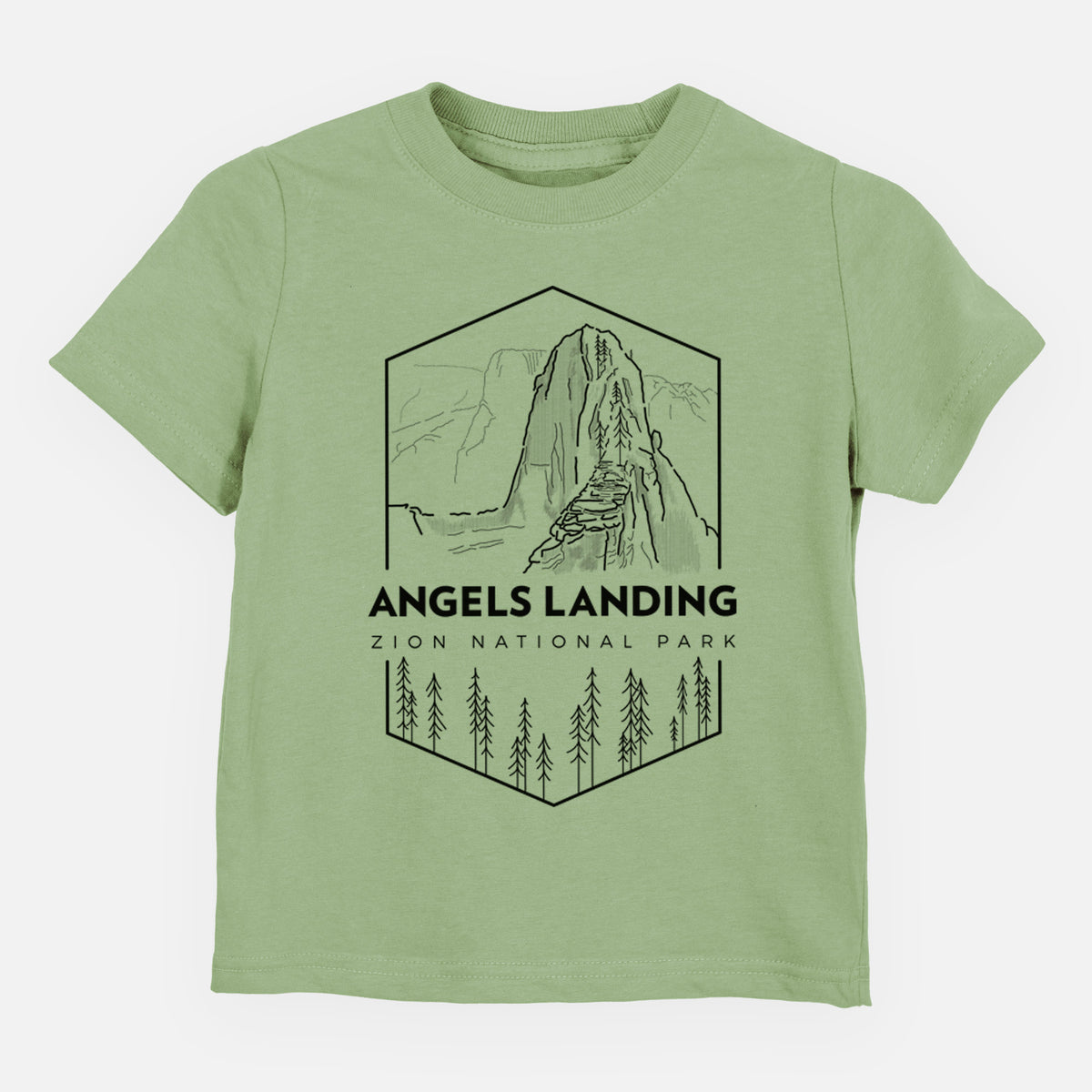 Sage green toddler t-shirt laid flat, printed with a black line art badge of Angels Landing above pine trees, with the words Angels Landing, Zion National Park.