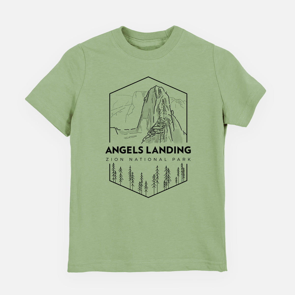 Sage green youth t-shirt laid flat, printed with a black line art badge of Angels Landing above pine trees, with the words Angels Landing, Zion National Park.