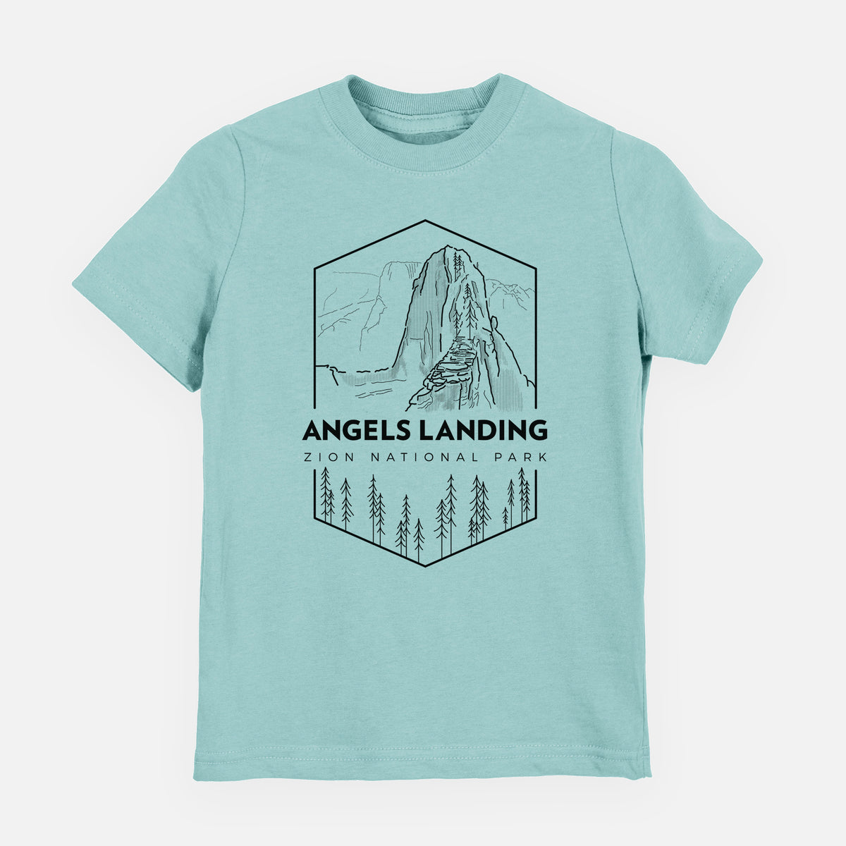 Saltwater youth t-shirt laid flat, printed with a black line art badge of Angels Landing above pine trees, with the words Angels Landing, Zion National Park.