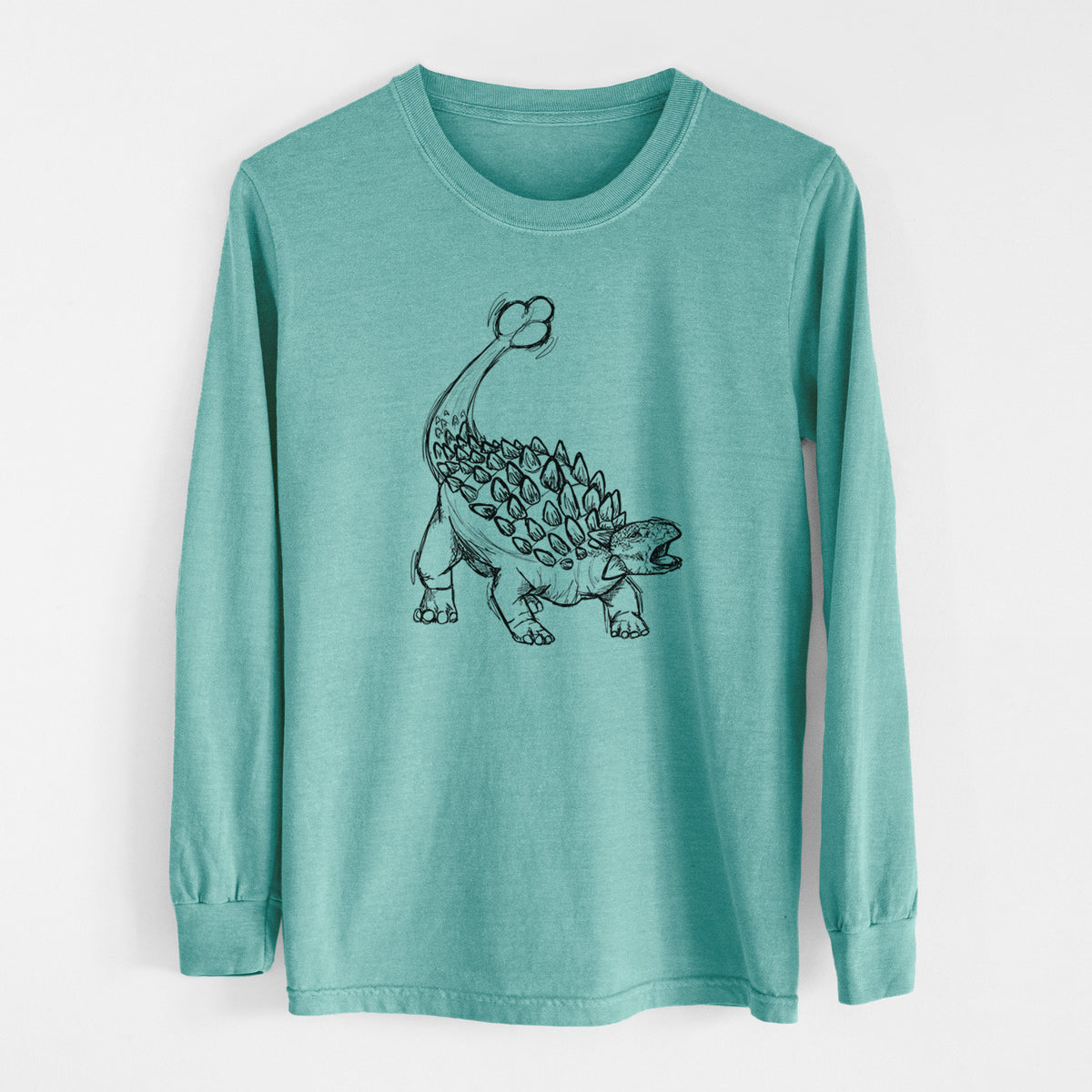 Reef green Comfort Colors long sleeve shirt laid flat, printed with a black ink illustration of an Ankylosaurus with its club tail raised.