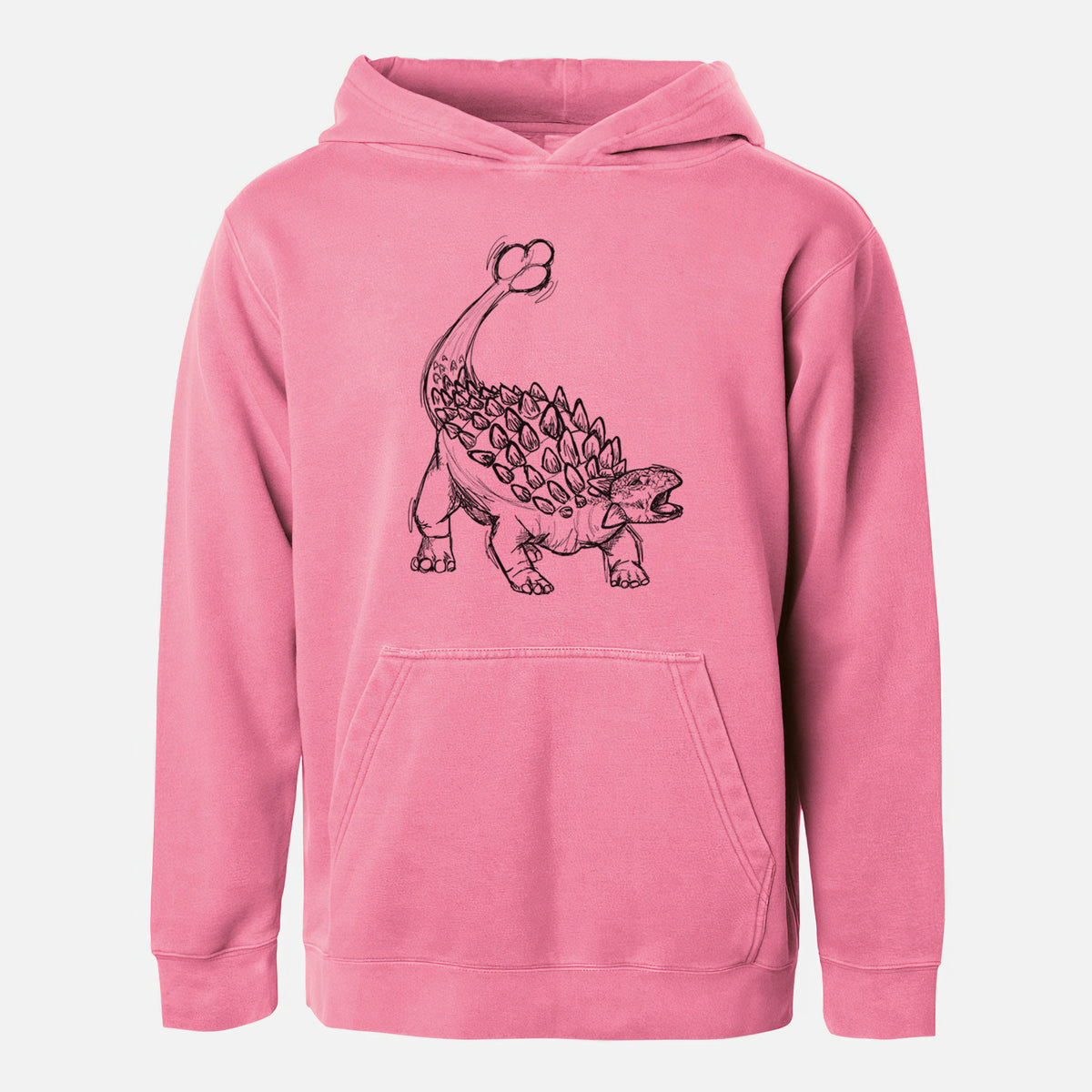 Pigment pink youth pigment dyed hoodie laid flat, printed with a black ink illustration of an Ankylosaurus with its club tail raised.
