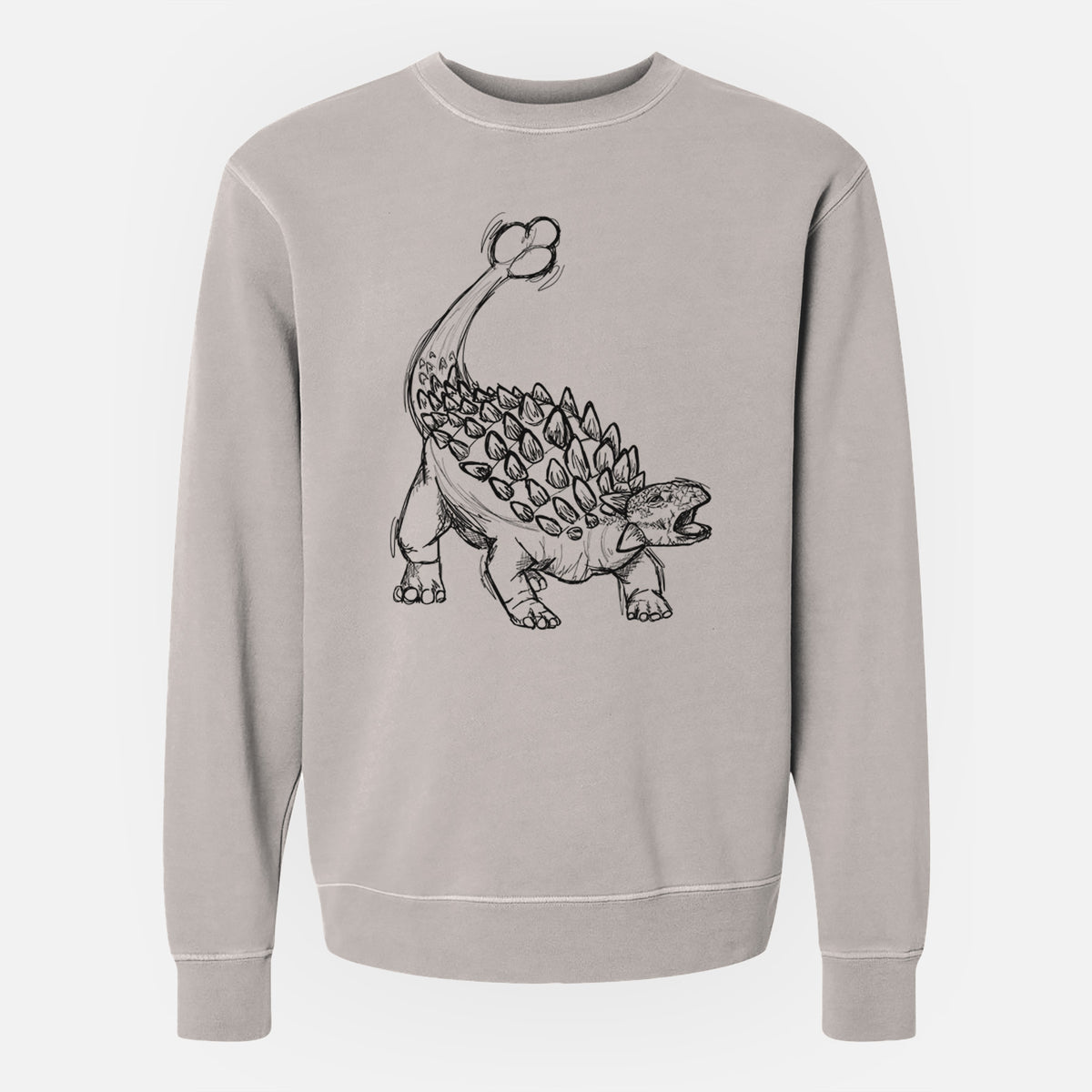 Cement grey pigment dyed crewneck sweatshirt laid flat, printed with a black ink illustration of an Ankylosaurus with its club tail raised.