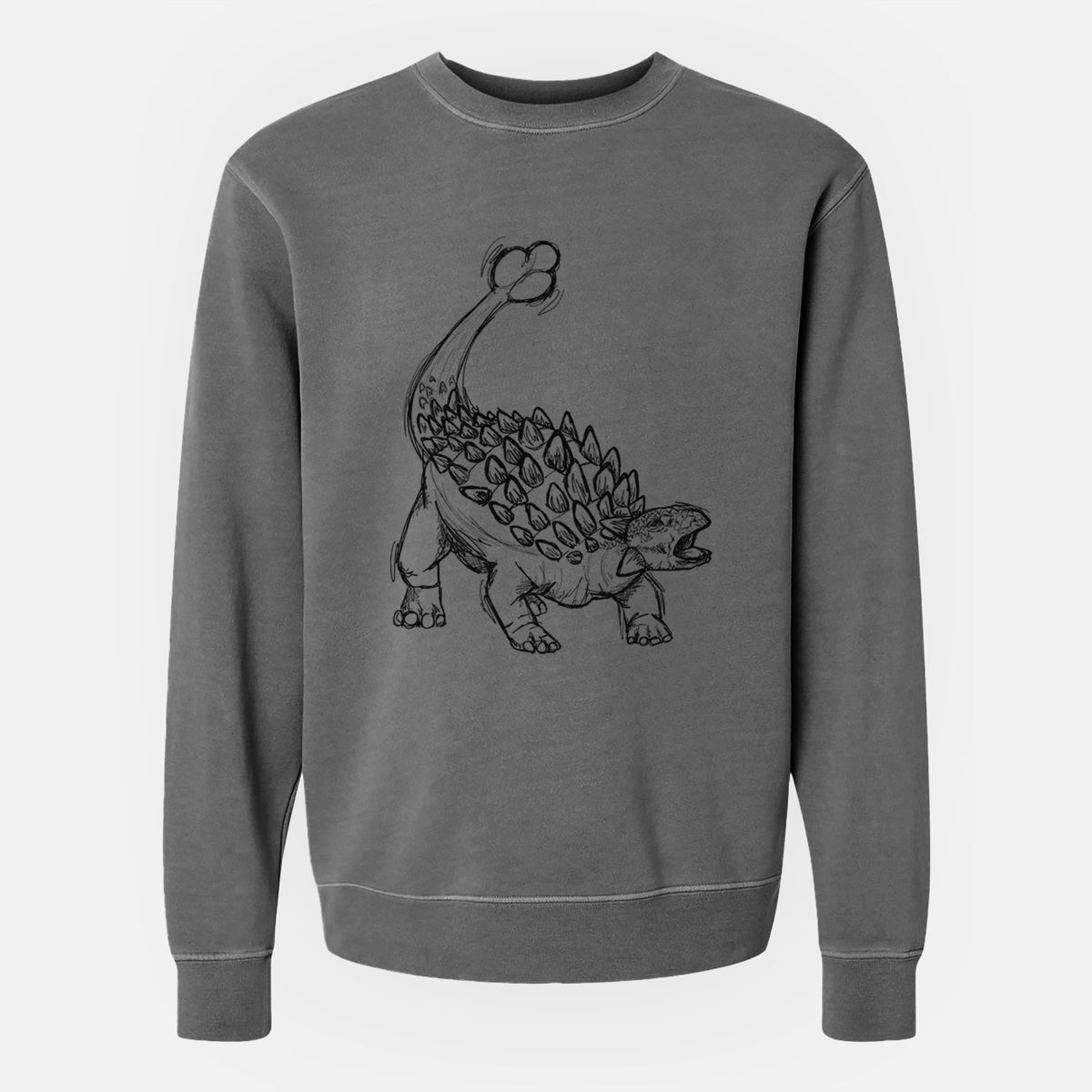 Faded black pigment dyed crewneck sweatshirt laid flat, printed with a black ink illustration of an Ankylosaurus with its club tail raised.