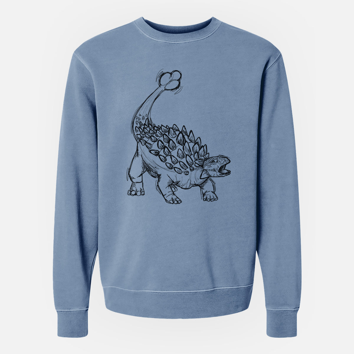 Slate blue pigment dyed crewneck sweatshirt laid flat, printed with a black ink illustration of an Ankylosaurus with its club tail raised.