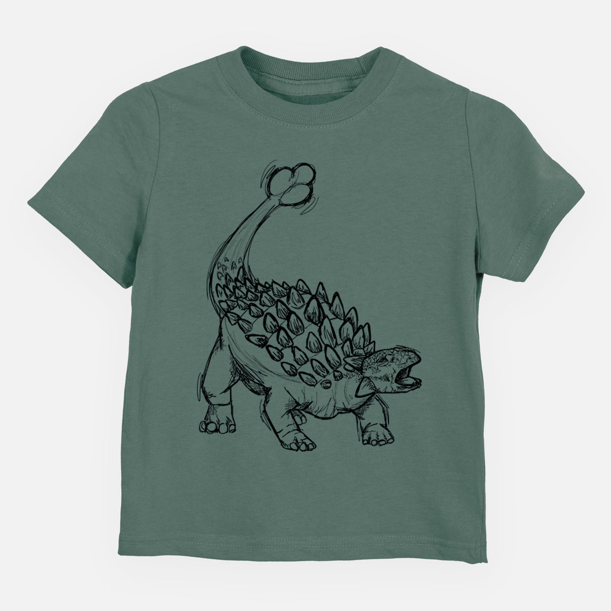 Basil green toddler t-shirt laid flat, printed with a black ink illustration of an Ankylosaurus with its club tail raised.