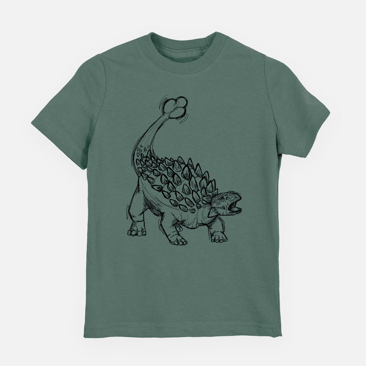 Basil green youth t-shirt laid flat, printed with a black ink illustration of an Ankylosaurus with its club tail raised.